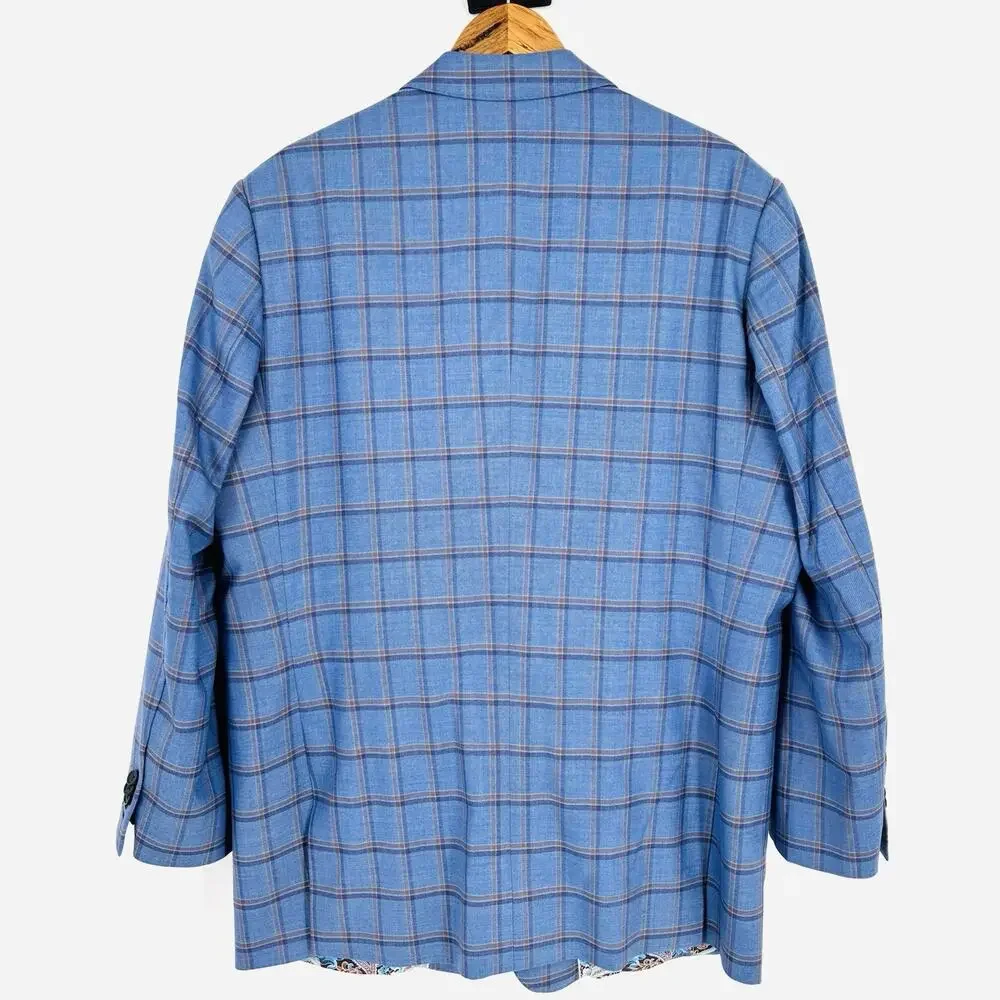 Sam Surin Blazer Jacket 2 Button Blue Plaid Size 50L Biella Italy Wool Fabric